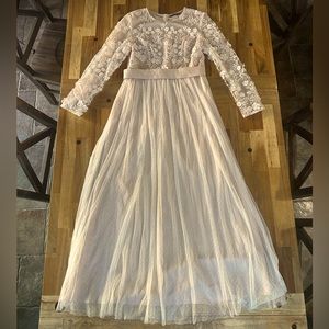 Champagne formal dress with raised flowers and pearls